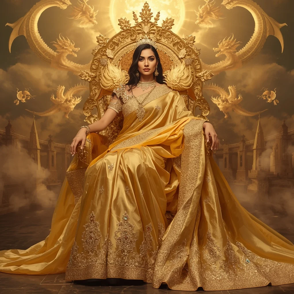Giant Luxury Crystal Solar Dragon Throne Saree with Golden Celestial Dominion | Text To Image Prompt