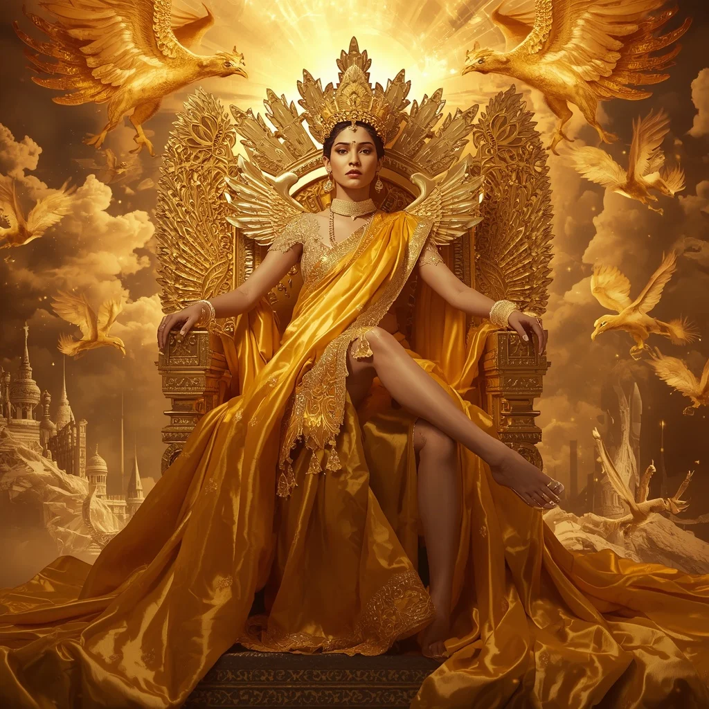 Giant Luxury Crystal Solar Phoenix Throne Saree with Golden Celestial Kingdom | Ai Prompt Generator Free