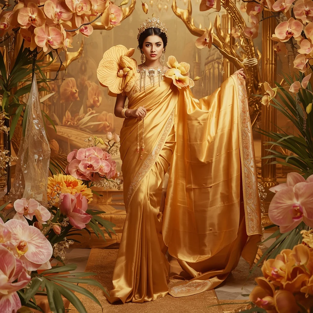 Giant Luxury Crystal Sun Orchid Saree with Golden Floral Kingdom | Beautiful Saree Girl Ai Prompt