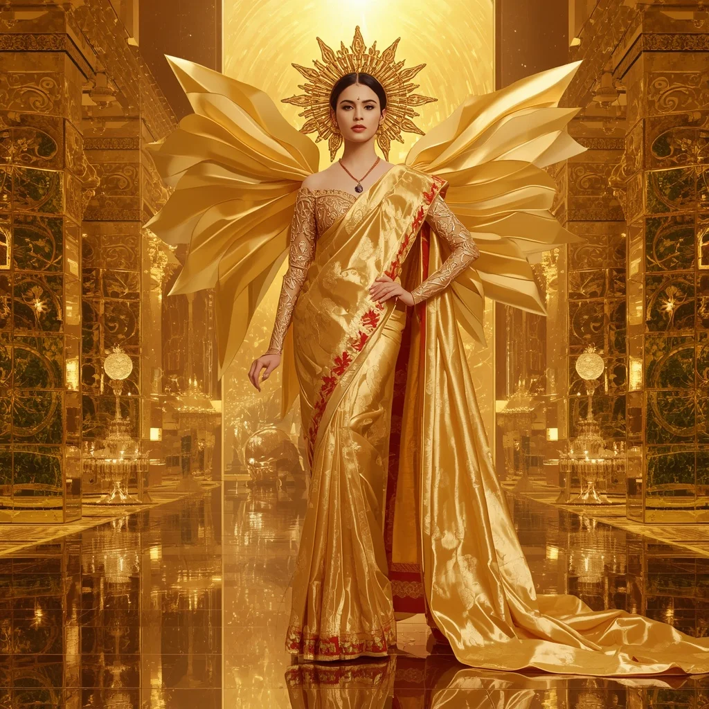 Giant Luxury Crystal Sun Palace Saree with Golden Reflection Realm | Instagram Post Ai Prompt
