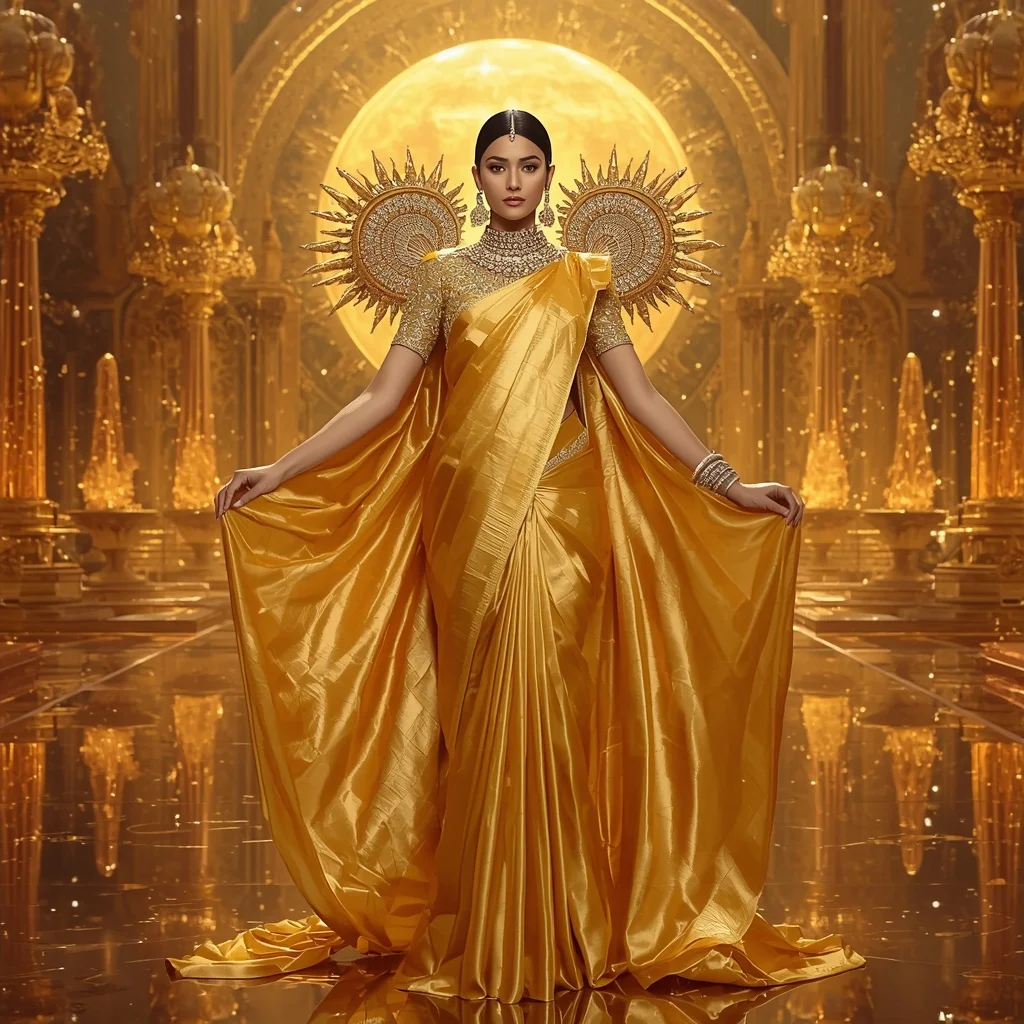 Giant Luxury Crystal Sun Palace Saree with Golden Reflection Realm | Gemini Ai Photo Prompt