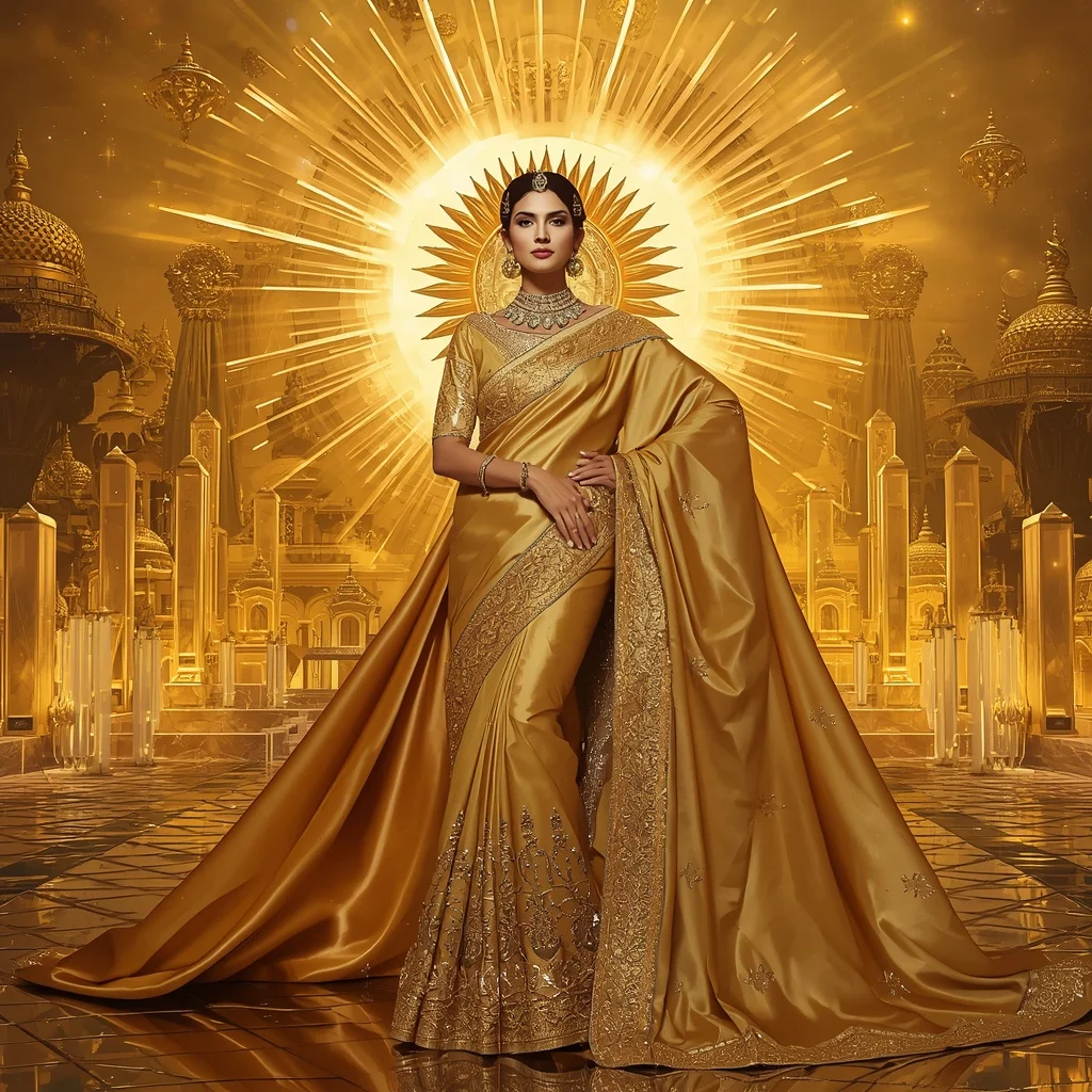 Giant Luxury Crystal Sun Wheel Saree with Golden Solar Kingdom | Image Prompt