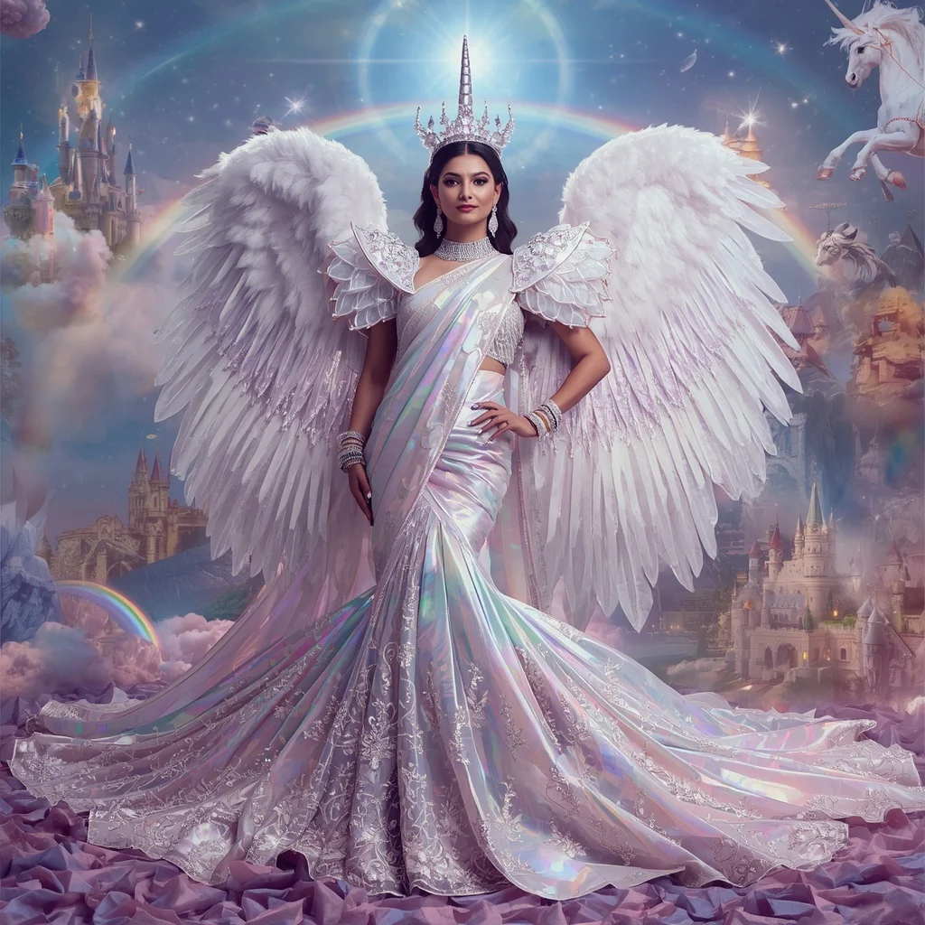 Giant Luxury Crystal Unicorn Crown Fortress Saree with Celestial Rainbow Dominion | Prompt Engineering