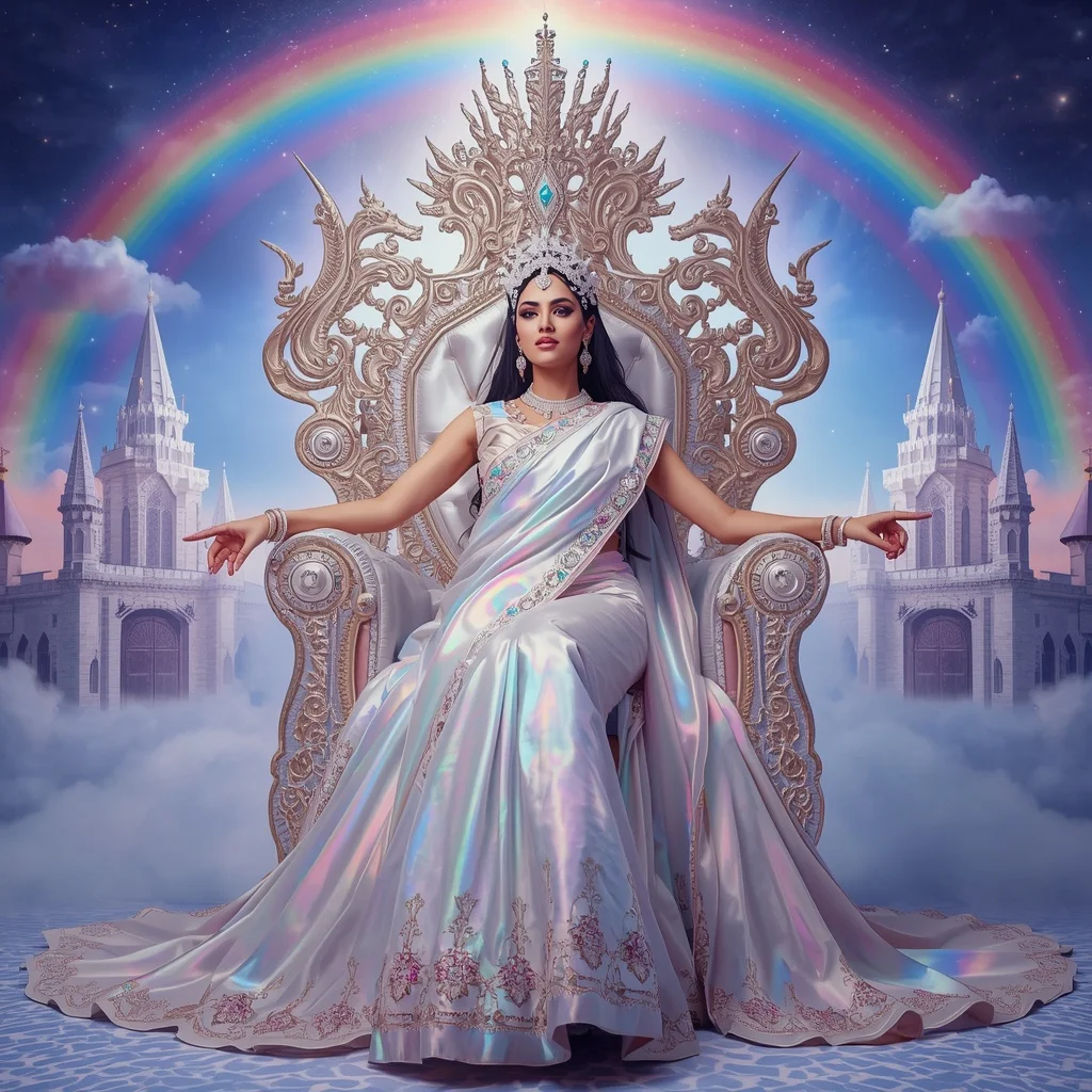 Giant Luxury Crystal Unicorn Throne Saree with Celestial Rainbow Empire | Saree Girl Ai Prompt