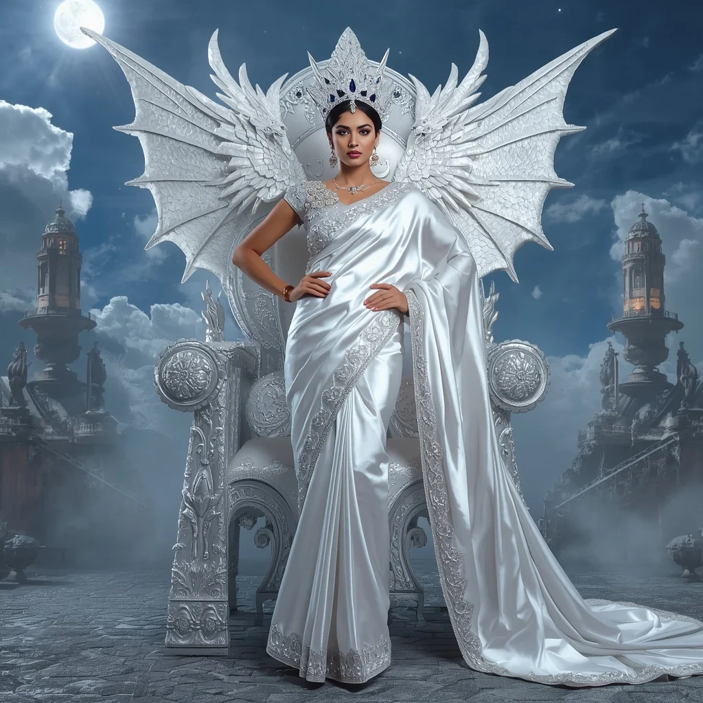Giant Luxury Crystal White Dragon Throne Saree with Silver Sky Empire | Copy Paste Ai Prompt