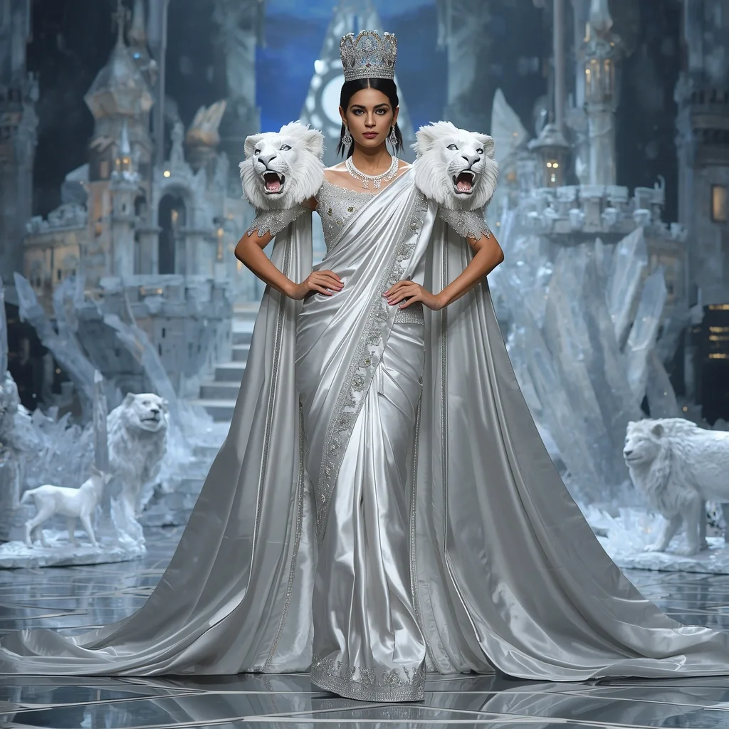 Giant Luxury Crystal White Lion Saree with Silver Royal Empire | Female Model Ai Prompt
