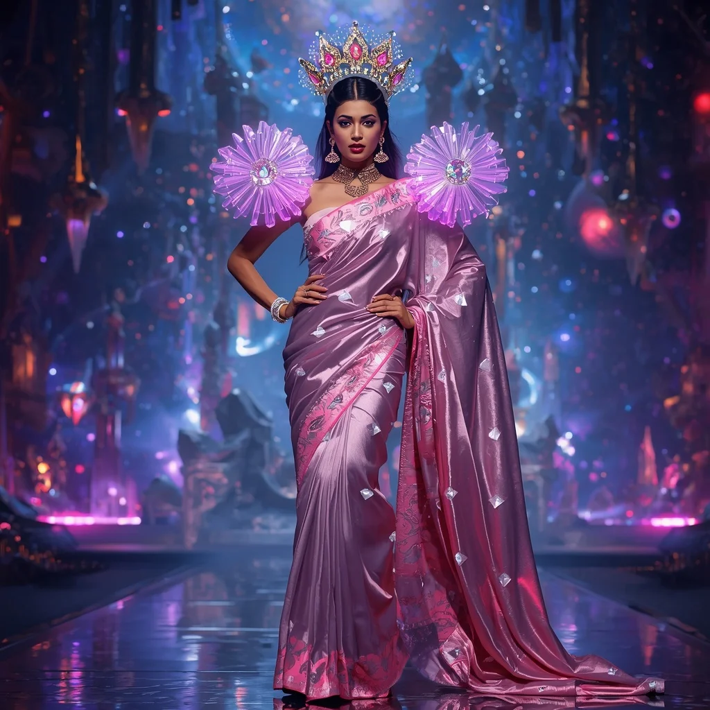 Giant Luxury Crystal Wormhole Crown Saree with Infinite Cosmos Capital | Festive Prompt