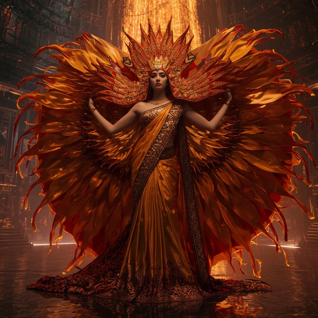 Giant Metallic Flame Storm Saree with Floating Ember Volcano Palace | Leonardo Ai Image Prompt