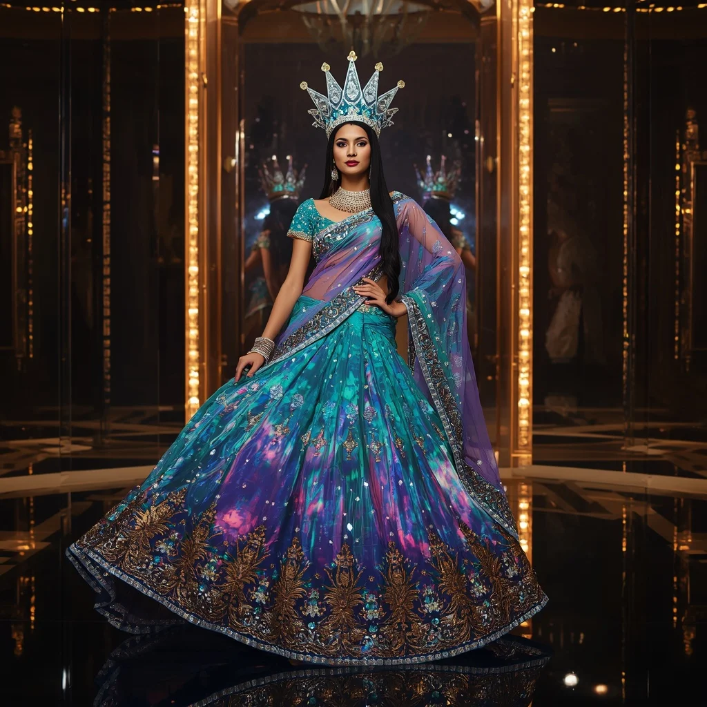 Giant Mirror Aurora Crown Saree with Festival Cosmic Palace | Style Ai Prompt