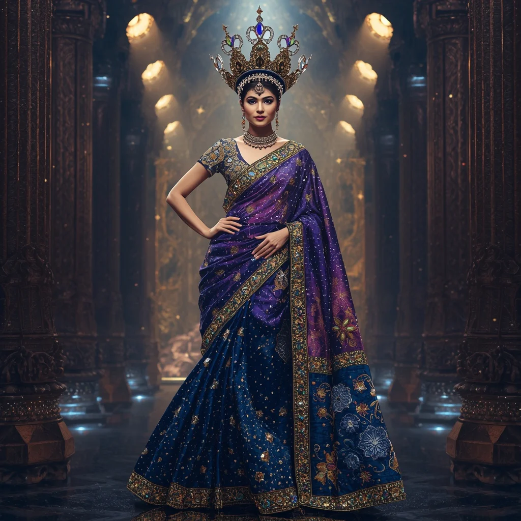 Giant Mirror Nebula Crown Saree with Festival Cosmic Citadel | Indian Girl Ai Prompt