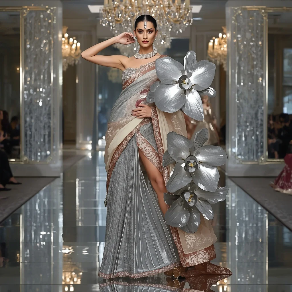 Giant Mirror Orchid Saree with Royal Crystal Ballroom | Ai Art Prompt