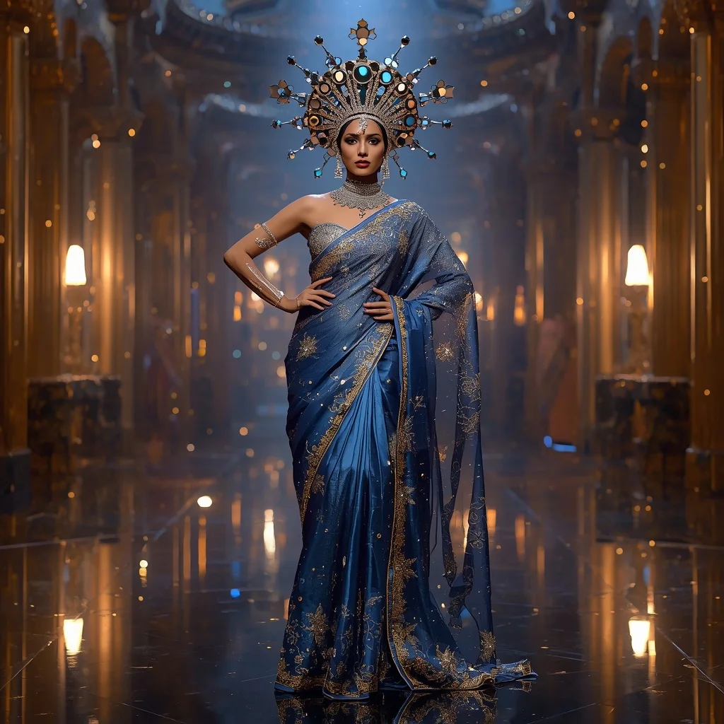 Giant Mirror Supernova Crown Saree with Festival Cosmic Citadel | Influencers Ai Prompt
