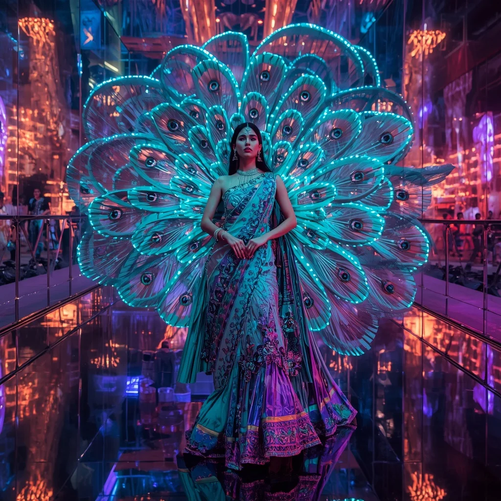 Giant Neon Ribbon Peacock Saree with Cyber Festival Reflection Universe | Modern Drape Saree Ai Prompt