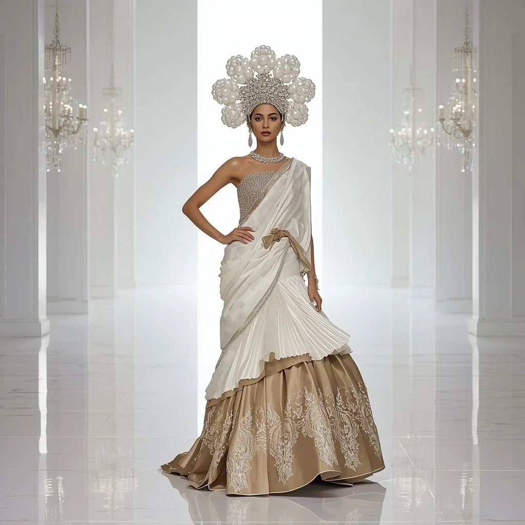 Giant Pearl Blossom Crown Saree with White Infinity Cathedral | New Instagram Trend Prompt For Girl And Boy