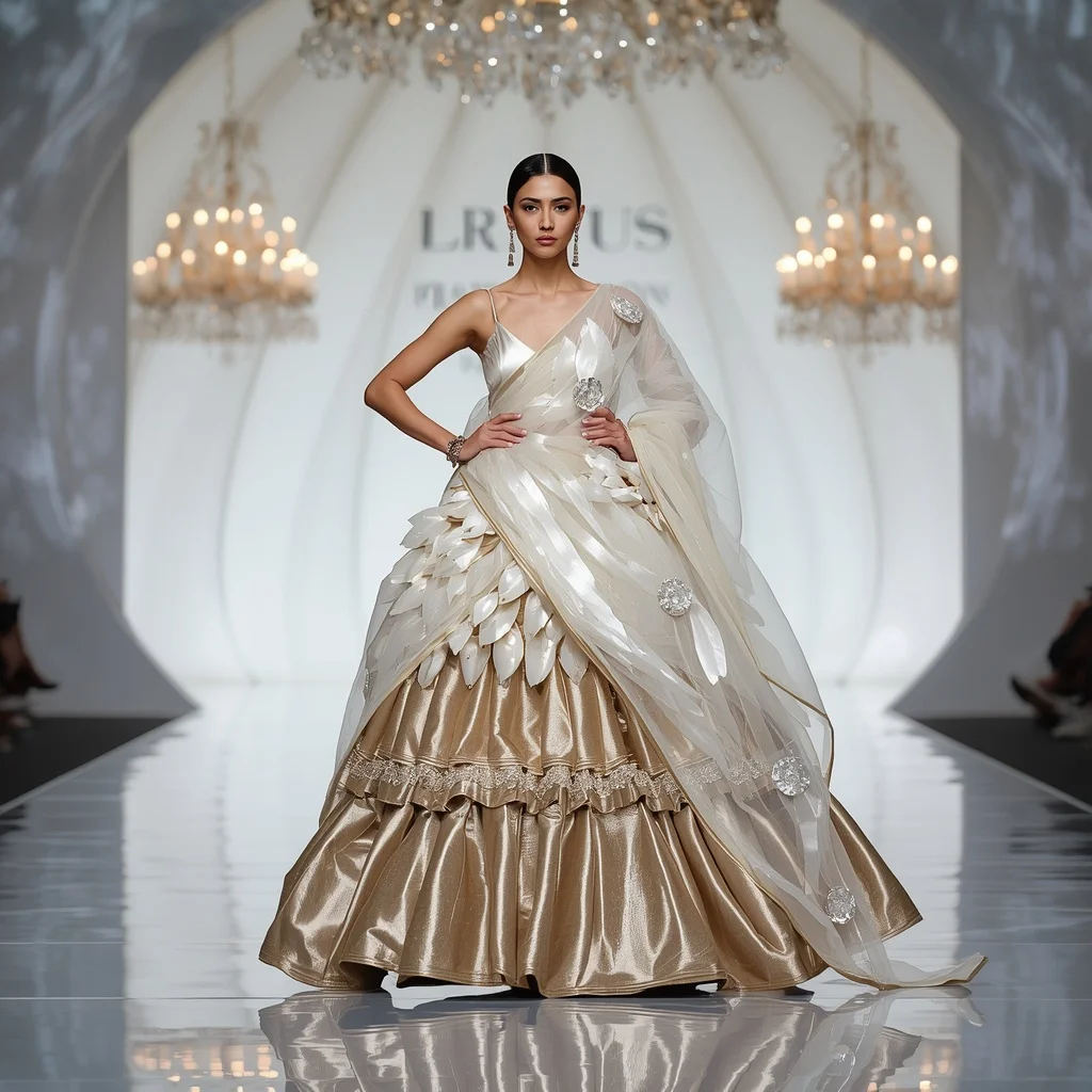 Giant Pearl Lotus Saree with White Infinity Dome | Gemini Ai Prompt