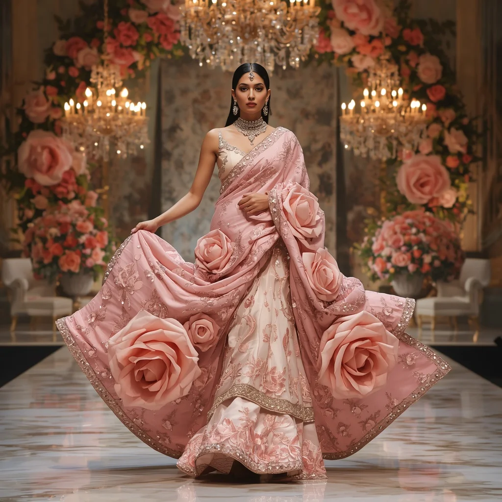 Giant Rose Spiral Palace Saree with Floral Dream Ballroom | Face Ai Prompt