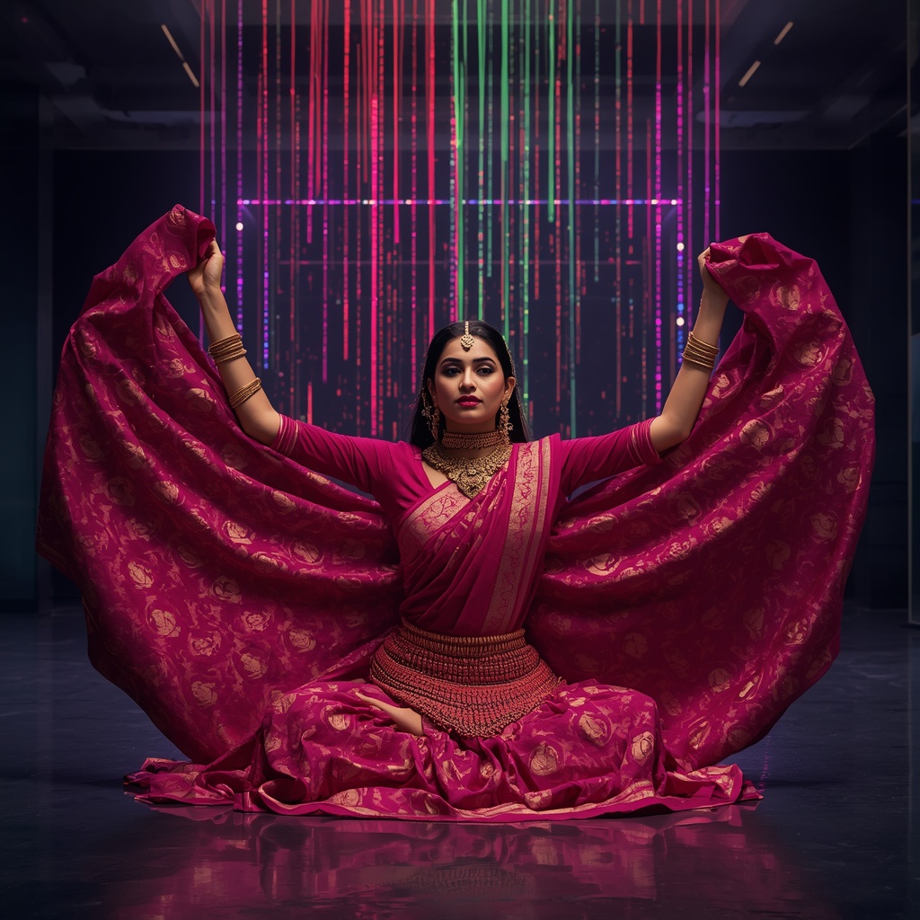 Giant Ruby & Zardosi Brocade Saree: Magenta | The Symmetrical Seated Goddess Flare Pose | Floating Holographic Data Streams | Cinematic Saree Ai Prompt