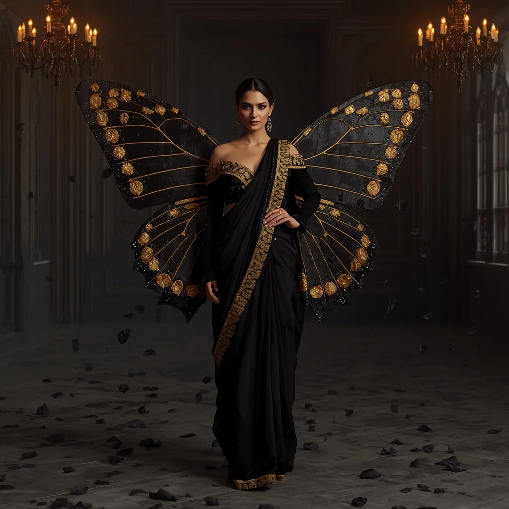 Gilded Monarch Obsidian Saree Couture with Gothic Revival Palace Background | New Design Ai Prompt