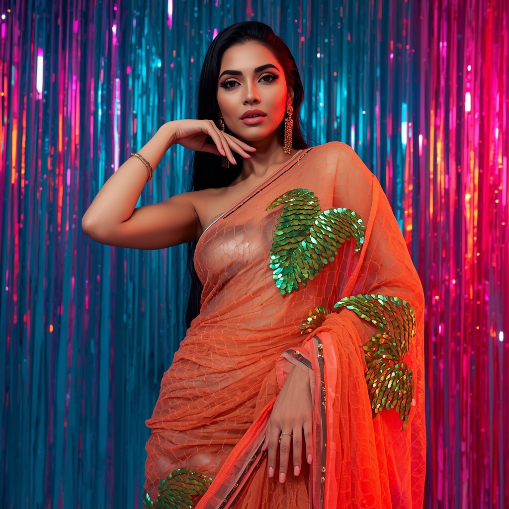 Glamorous Festival Pose: Neon Tangerine Net with Iridescent Dragon Scale Armor | Photo Prompt