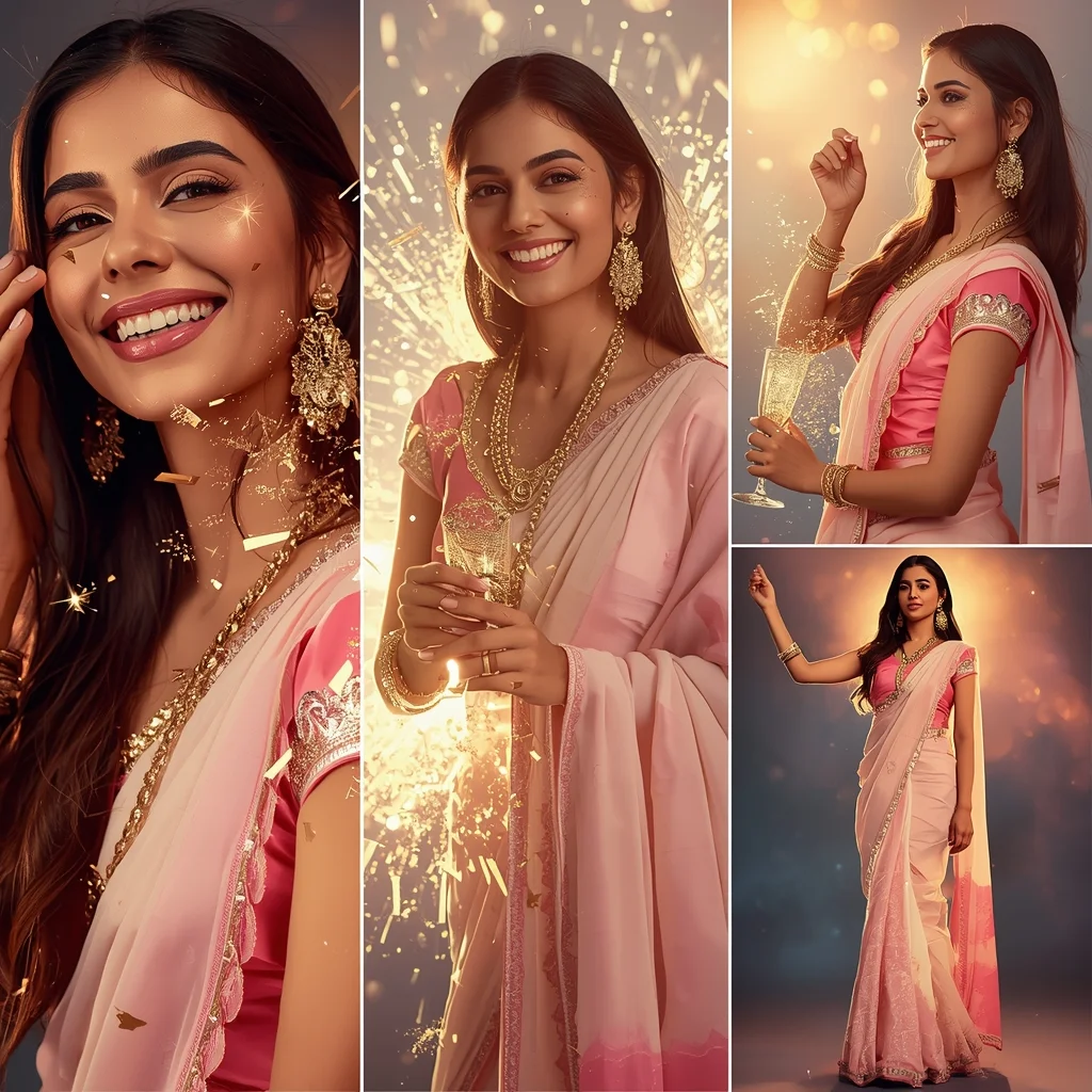 Glamorous Luxury Pastel Saree Image Prompt for Women with Champagne Sparkle Explosion and Party Vibes | Saree Prompt For Girls