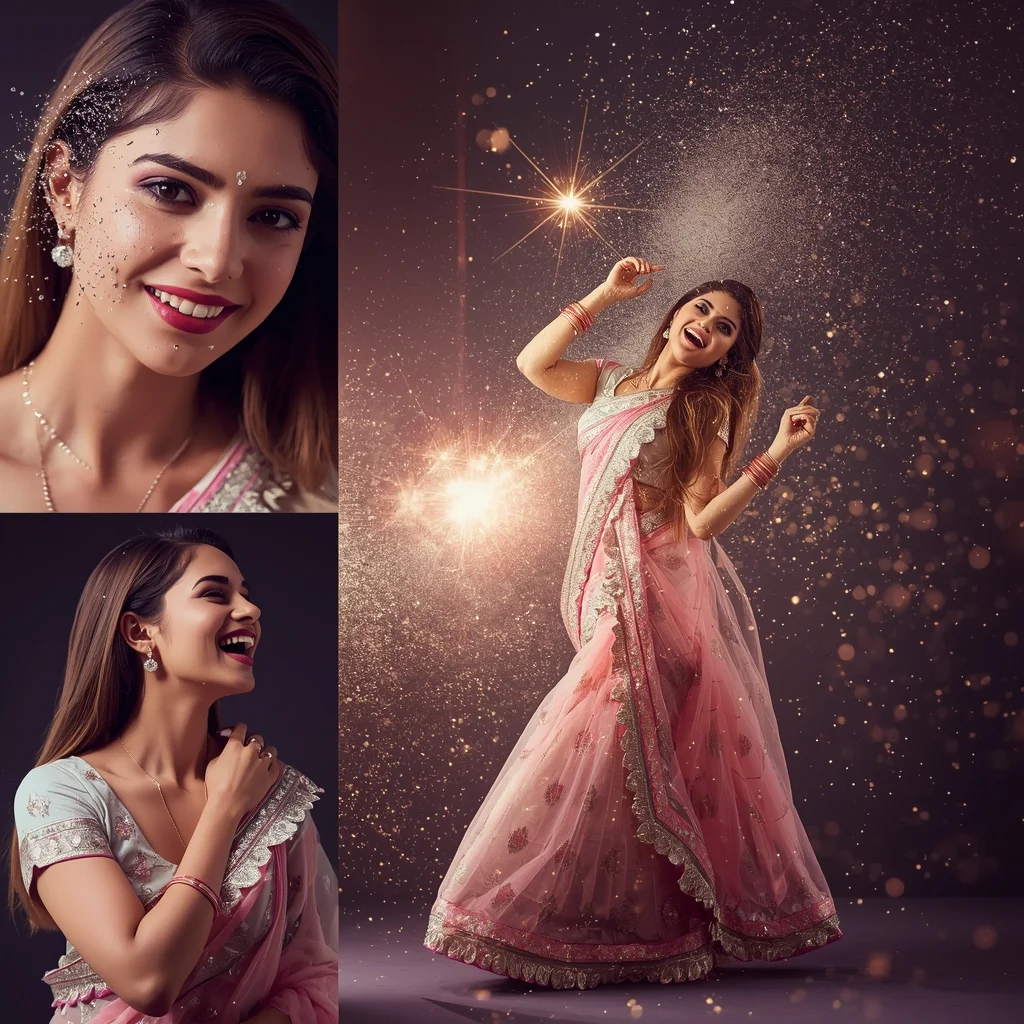 Glamorous Luxury Pastel Saree Image Prompt for Women with Diamond Dust Explosion | Saree Pose Ai Prompt For Image Generation