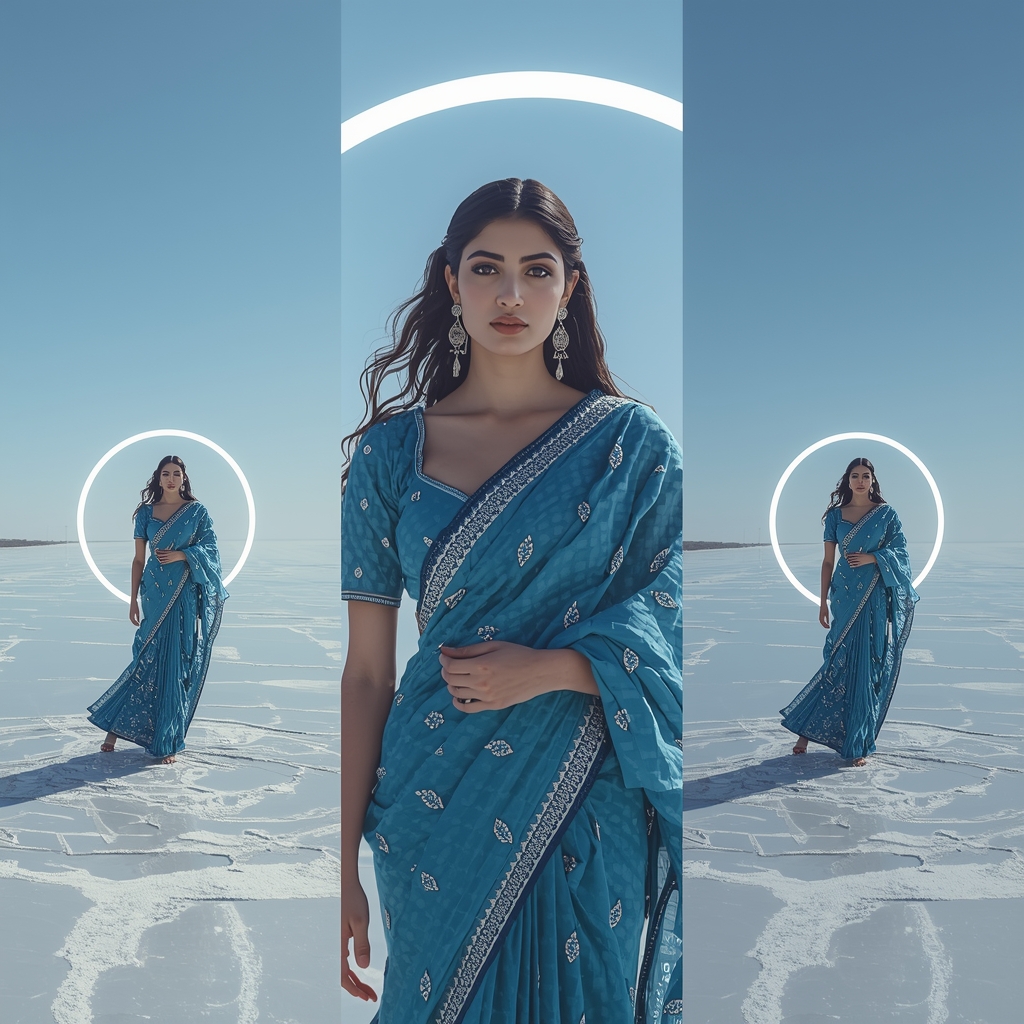 Glowing White Neon Halos Salt Flat Triptych | Gemini Saree Prompt Text