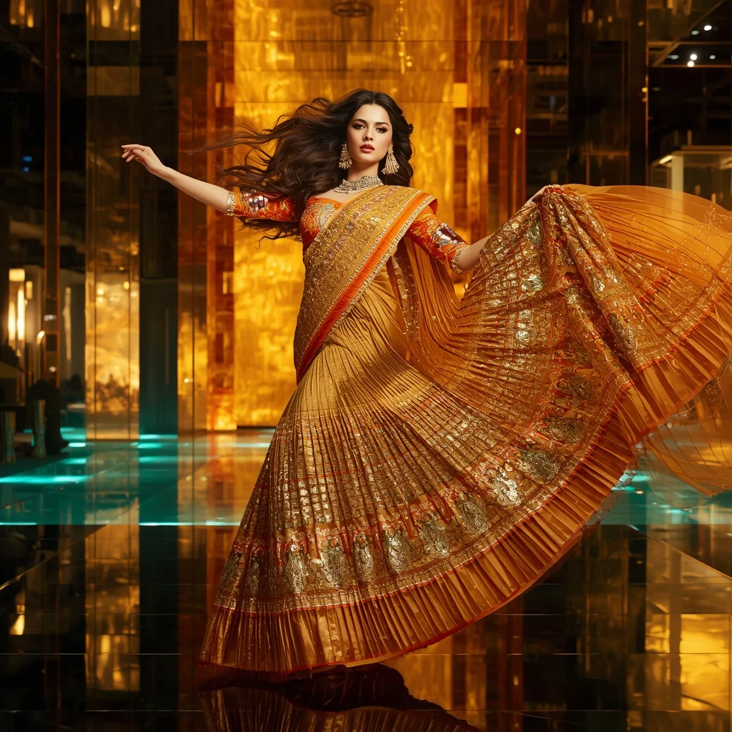 Golden Aurora Flame Saree with Floating Infinity Citadel | Cinematic Ai Prompt
