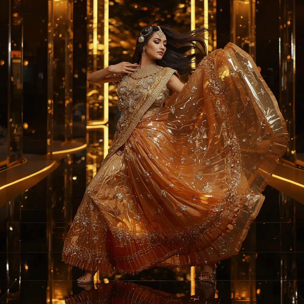 Golden Aurora Mirage Saree with Floating Infinity Arena | Viral Instagram Ai Prompt