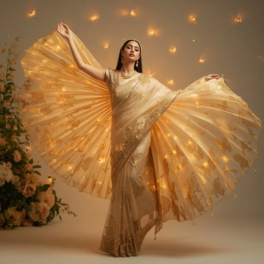 Golden Butterfly Solflare Surge Saree – Glam Festival Saree with Twirl Lift Pose and Solflare Butterfly Garden Background | Trending Ai Prompt