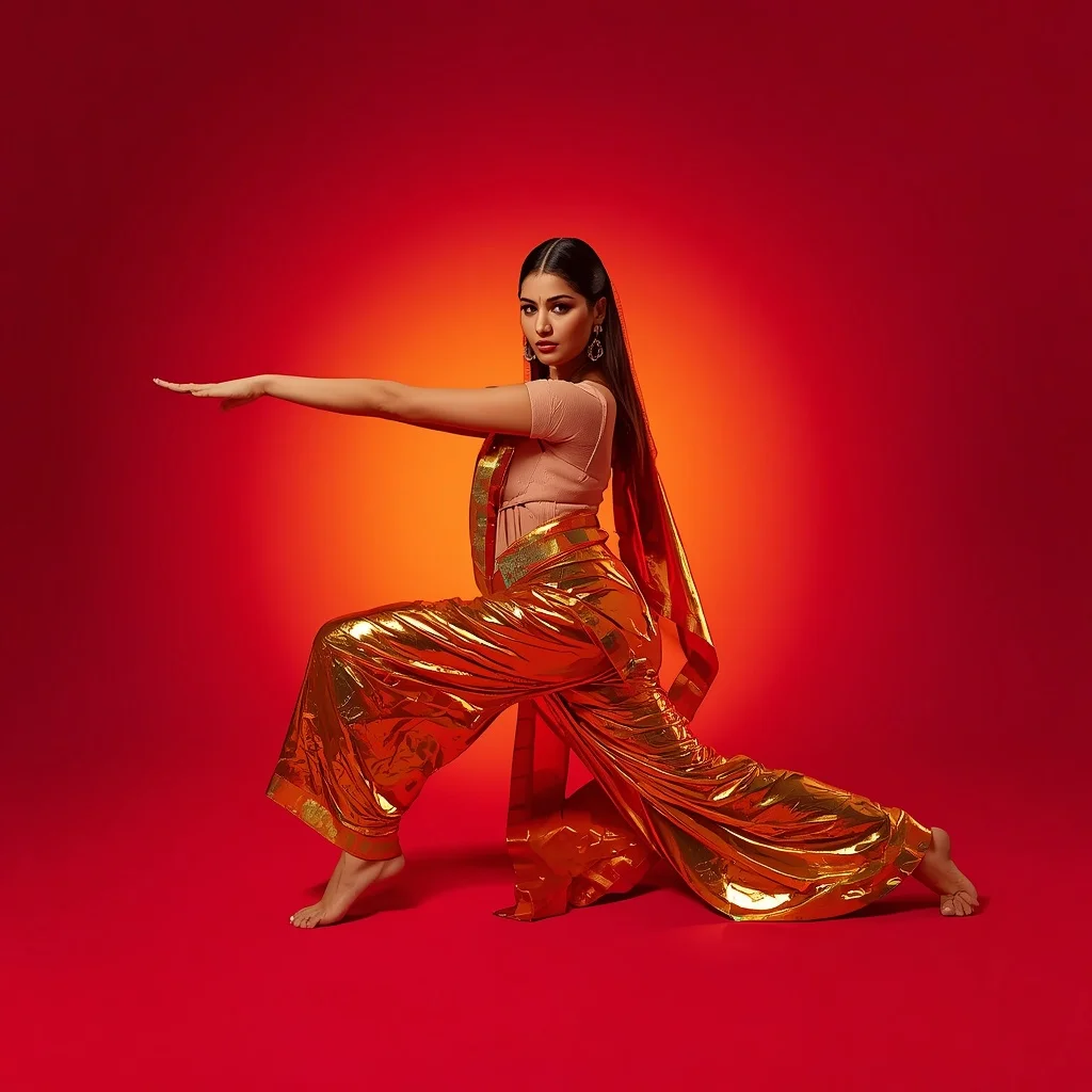 Golden Chrome Foil Saree – Deep Lunge Pose with Sunset Gradient Plaster | Prompt AI For Girl