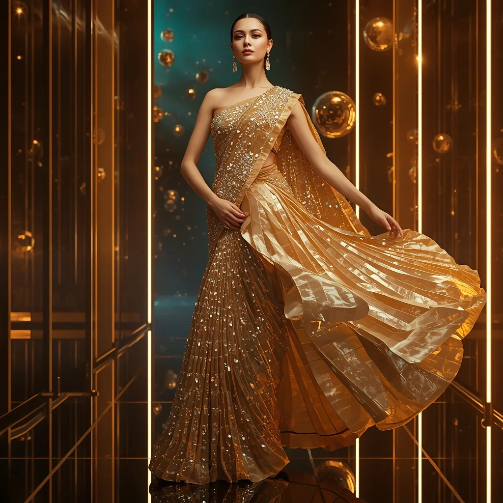 Golden Crystal Aurora Infinity Saree with Floating Orbital Neon Galaxies | Picture Prompt
