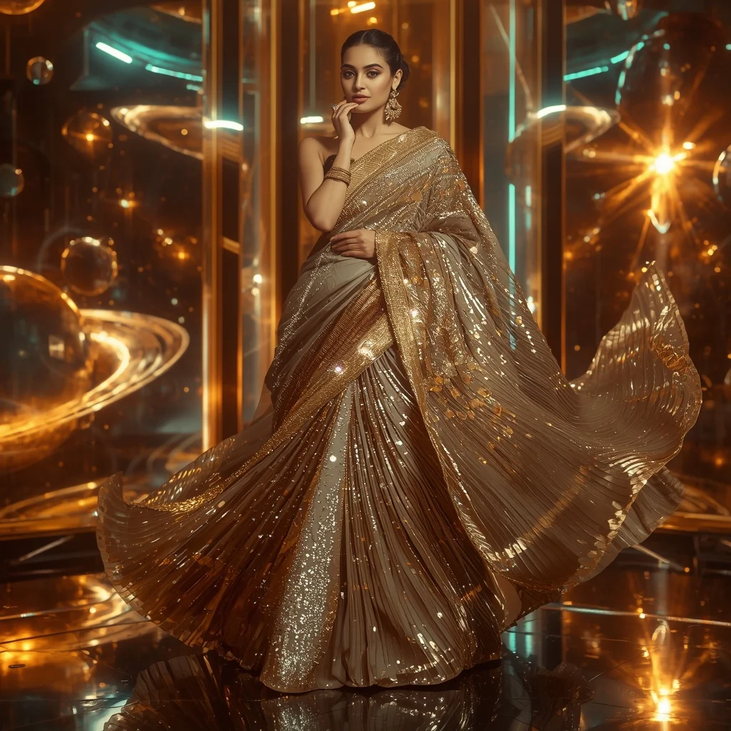 Golden Crystal Aurora Saree with Floating Orbital Neon Worlds | Character Design Ai Prompt