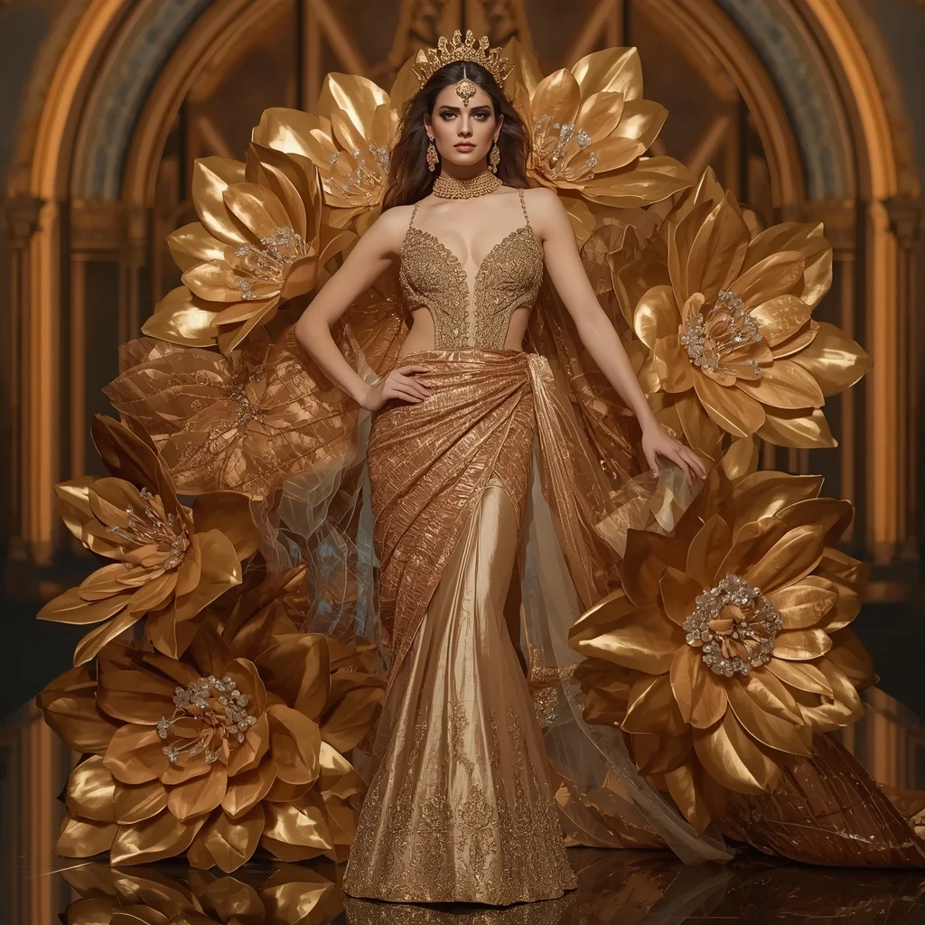 Golden Crystal Flower Saree with Royal Garden Hall | Instagram Profile Pic Ai Prompt