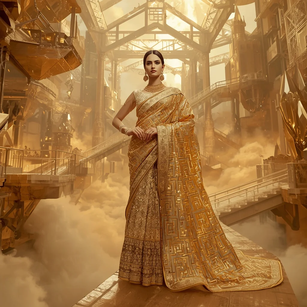 Golden Crystal Maze Saree with Floating Palace Labyrinth | Prompt For Gemini AI Girl