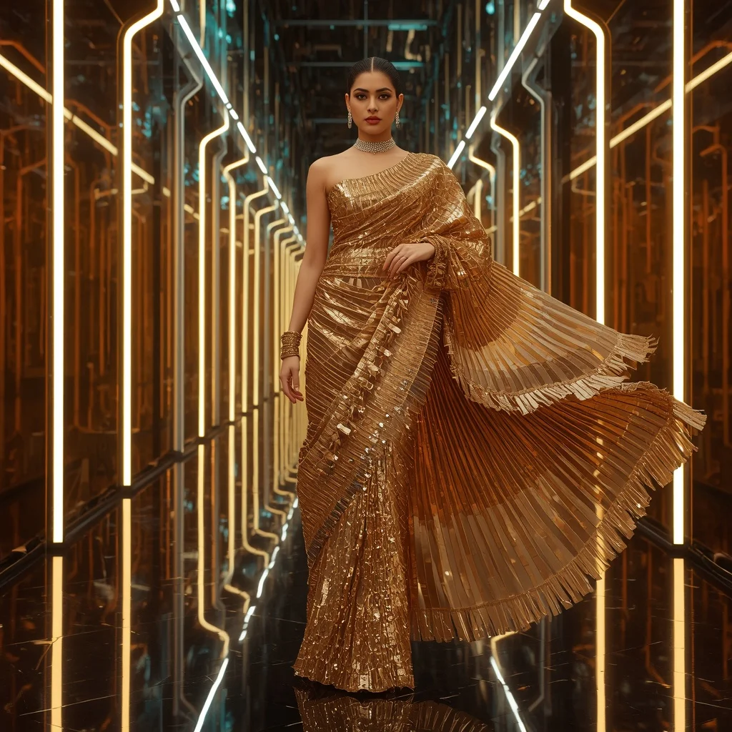 Golden Crystal Quantum Saree with Floating Orbital Neon Corridors | Prompt For Gemini AI Girl