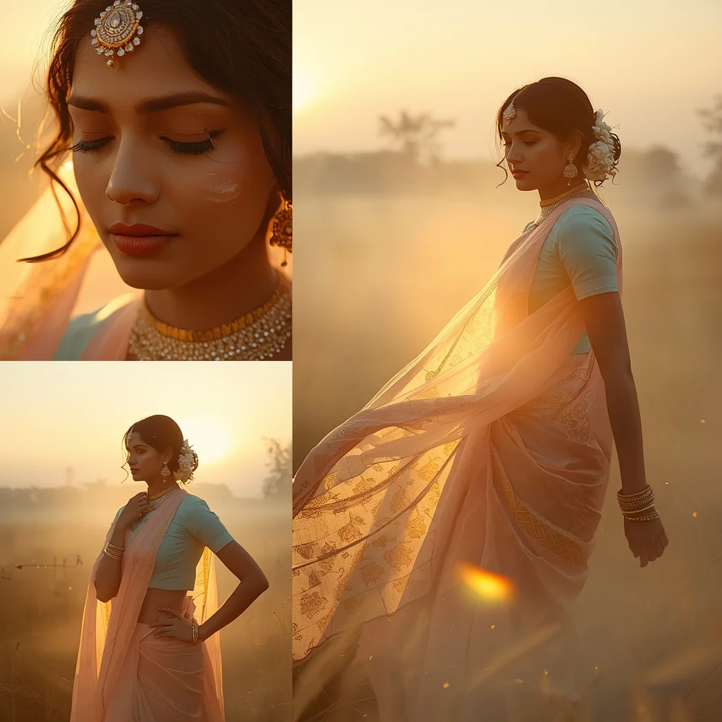 Golden Dreamy Pastel Saree Image Prompt for Women with Sunrise Mist Magic and Emotional Luxury Look | Gemini Ai Prompt Saree Copy Paste