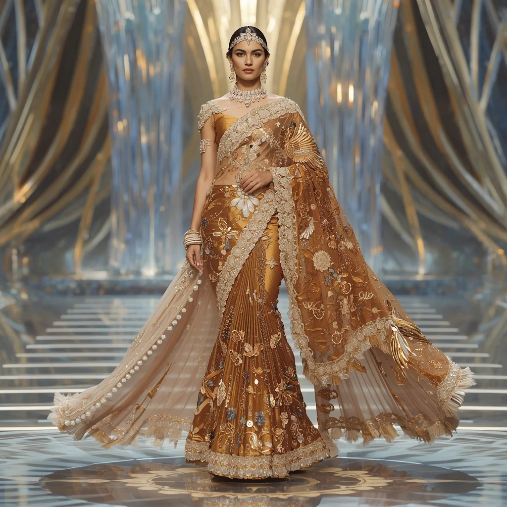 Golden Eagle Dynasty Saree with Sky Crystal Infinity Palace | Trending Ai Prompt