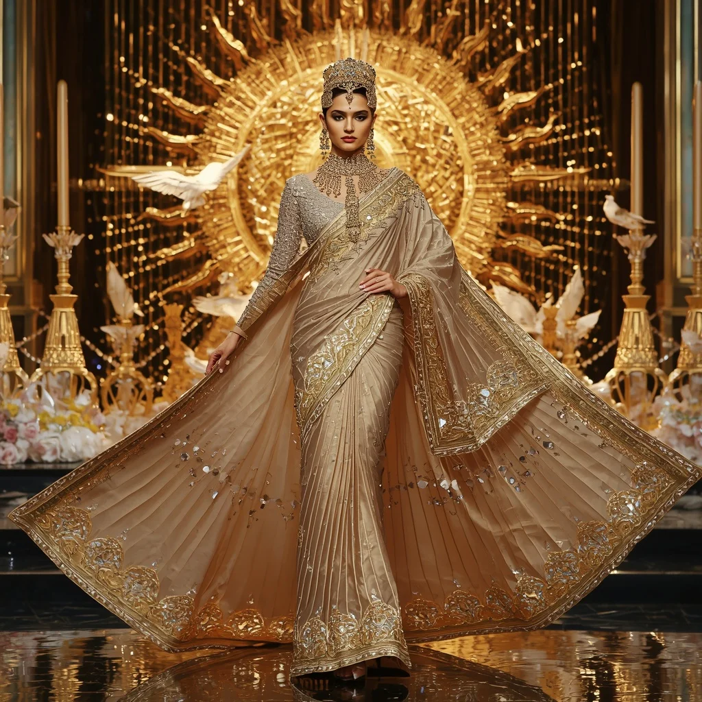 Golden Eagle Monarch Saree with Sky Crystal Thrones and Imperial Sun Citadel | Indian Girl Ai Prompt