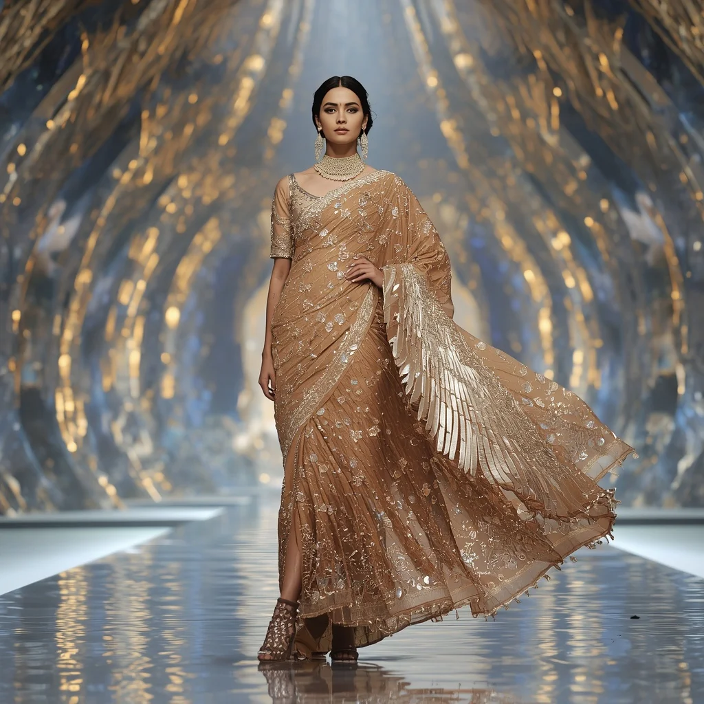 Golden Eagle Sovereign Saree with Sky Crystal Infinity Palace | Prompt Seen Gemini Girl Instagram