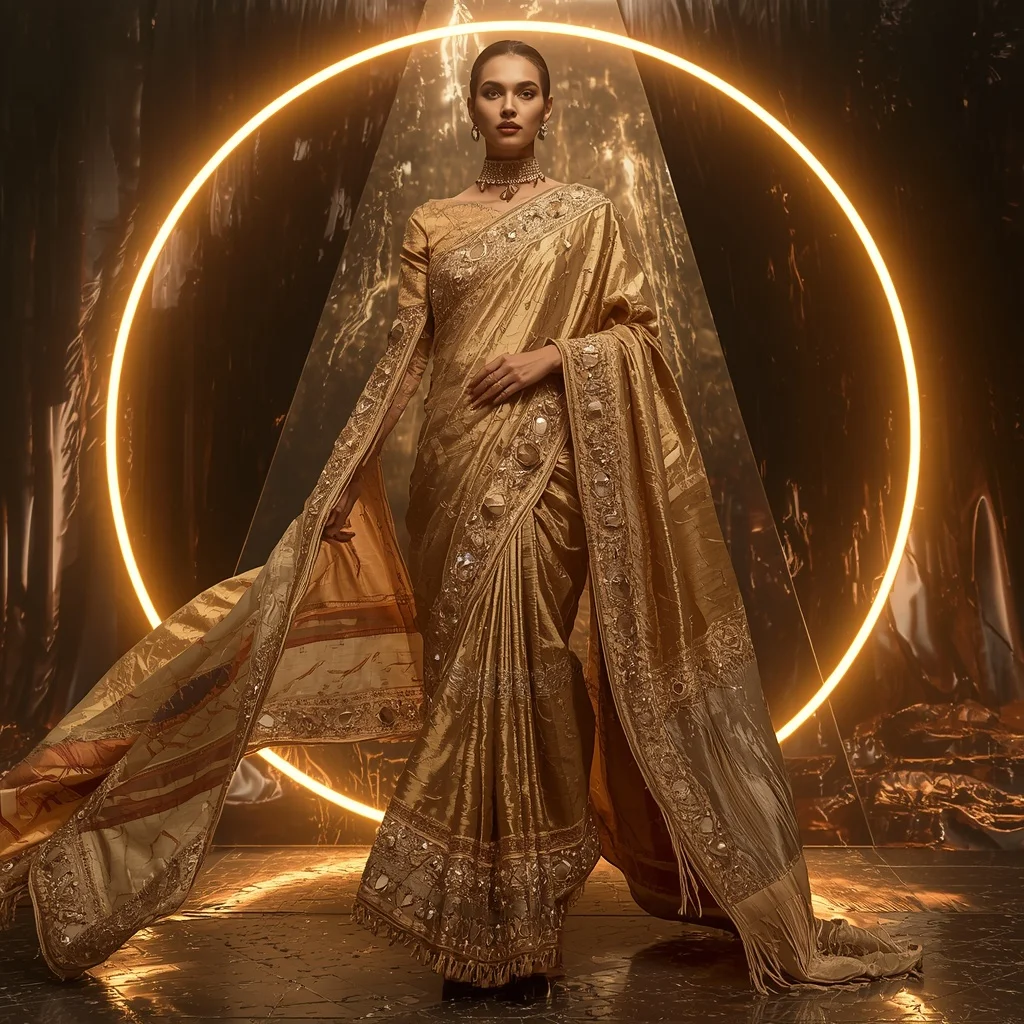 Golden Eclipse Empress Saree with Floating Halo Monolith | Text To Image Prompt