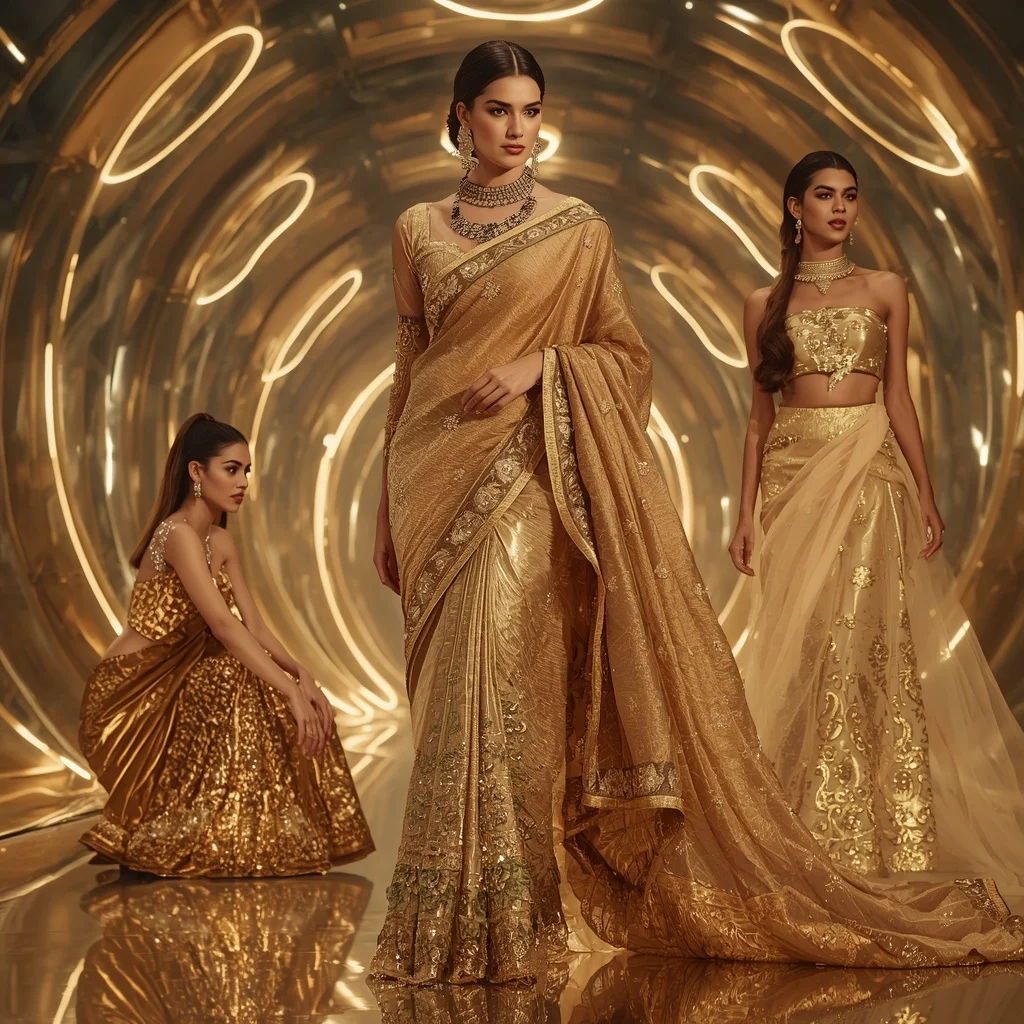 Golden Eclipse Majesty Saree with Floating Halo Infinity Palace | Prompt For Gemini AI Girl