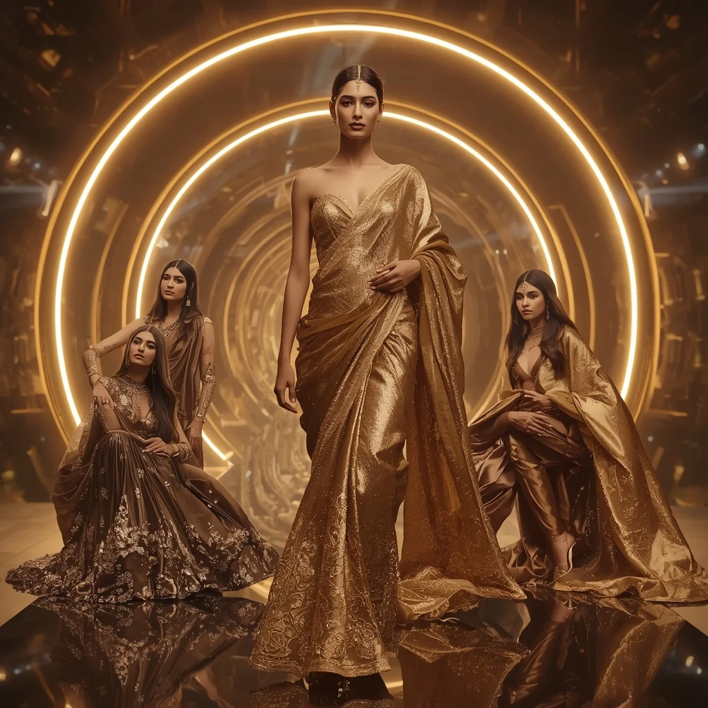 Golden Eclipse Queen Saree with Floating Halo Palace | 3d Animation Ai Prompt