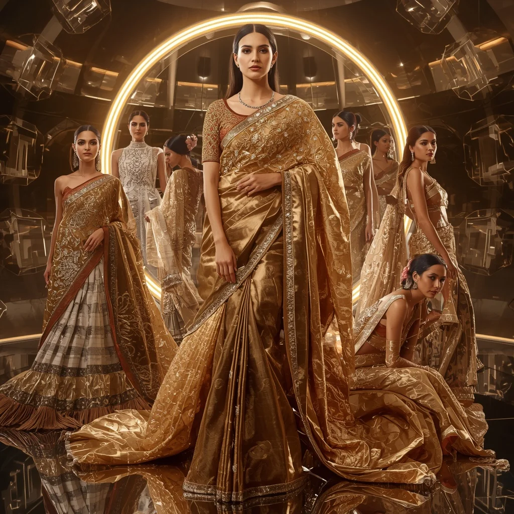 Golden Eclipse Royal Saree with Floating Halo Crystal Orbit Palace | Prompt Seen Girl Photo Editing