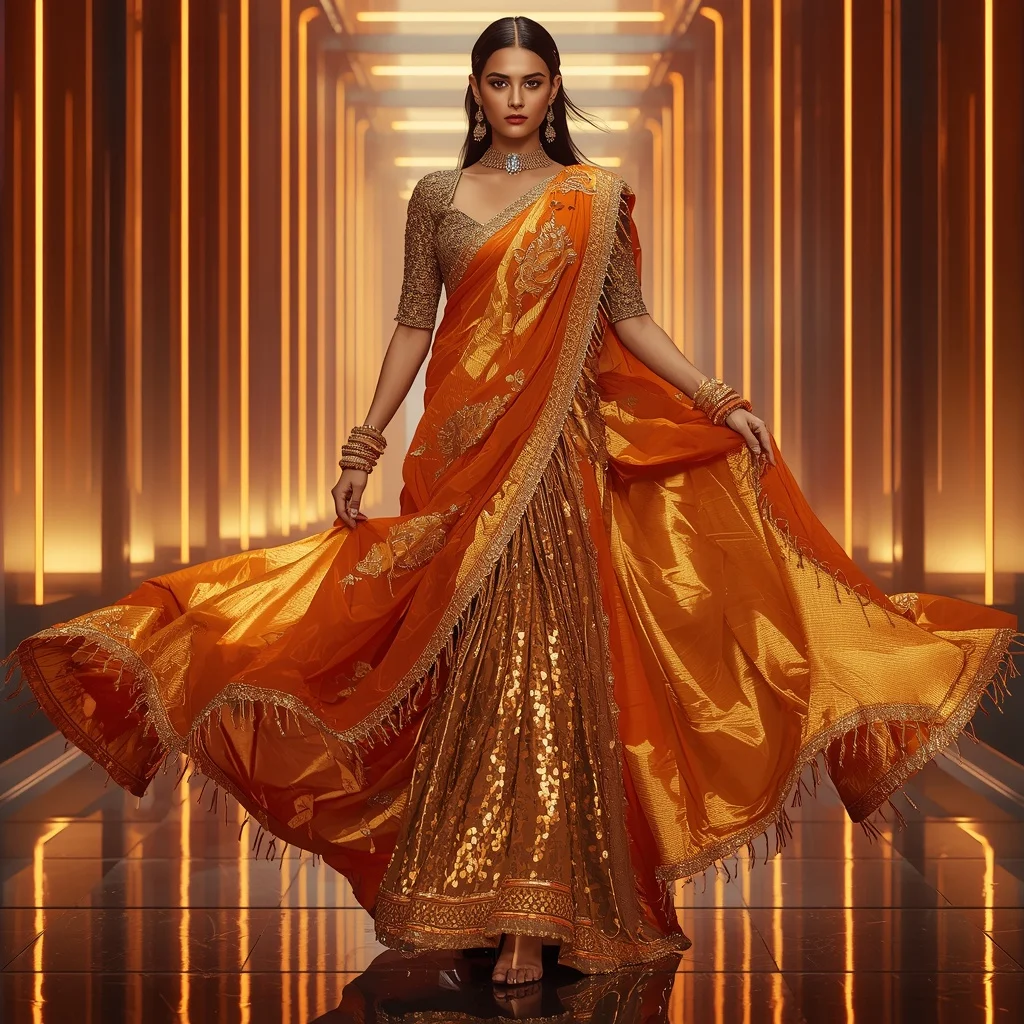 Golden Flame Aurora Saree with Floating Holographic Neon Corridors | Prompt Seen Trending Girl 2026 Instagram