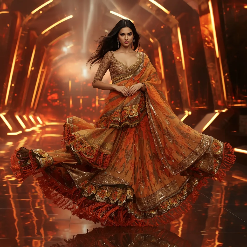 Golden Flame Aurora Saree with Floating Holographic Neon Dimensions | Hd Image Prompt