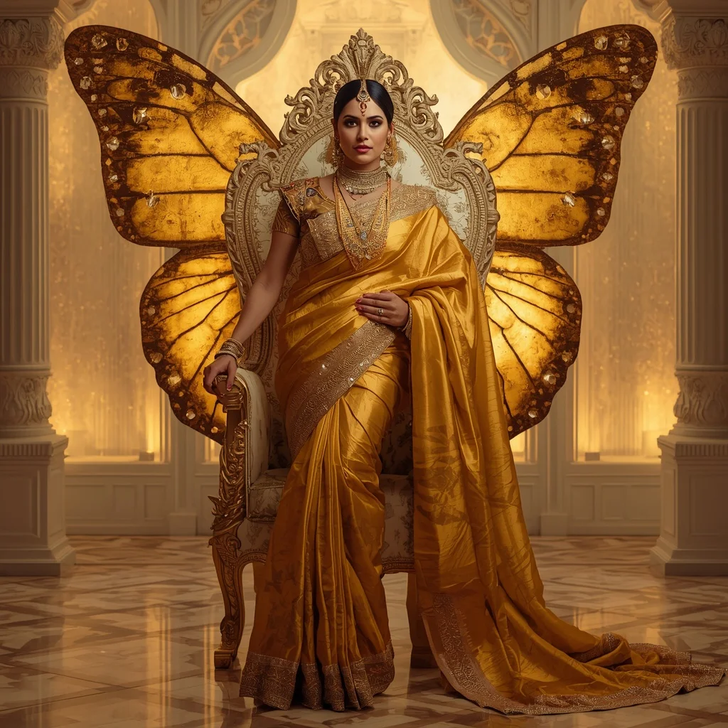 Golden Galaxy Butterfly Saree – Heavy Royal Designer Saree with Throne Pose and Galaxy Butterfly Temple Background | ChatGPT Ai Prompt
