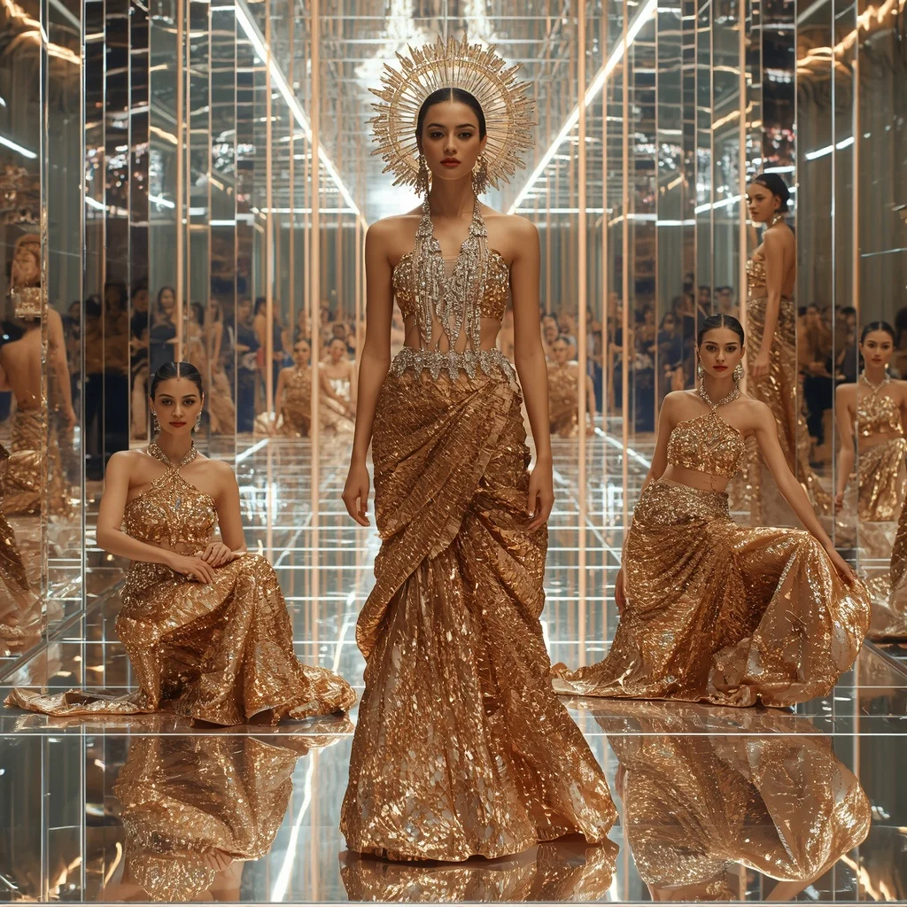 Golden Halo Saree with Infinity Reflective Crystal Sanctuary Hall | Gemini Ai Prompt Copy Paste