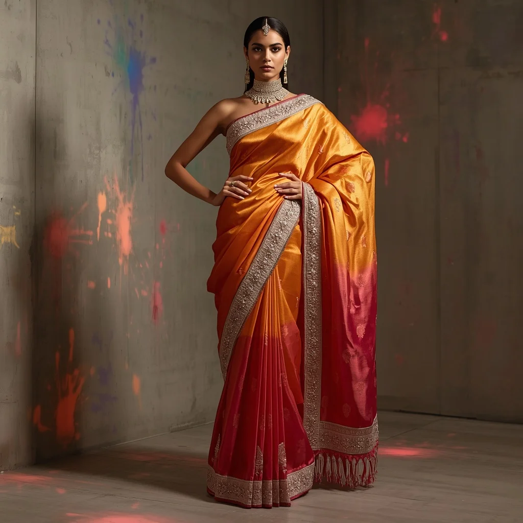 Golden-Hour Ombre Silk Saree with Heavy Bullion Embroidery | Ai Prompt Generator Free