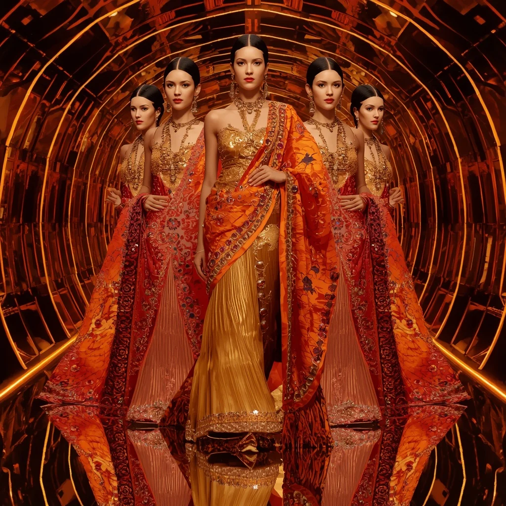 Golden Lava Fantasy Saree with Multi Editorial Frames and Laser Curve Palace | Gemini Saree Prompt For Instagram