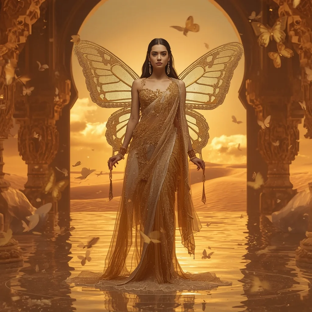 Golden Mirage Butterfly Waterfall Saree with Desert Aurora Background | Instagram Model Ai Prompt